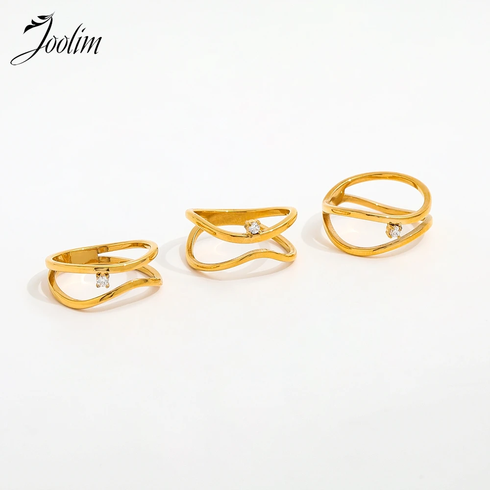 Joolim gioielli all'ingrosso di fascia alta PVD impermeabile astratto doppio curvo Fine Zirconia anello in acciaio inossidabile tendenza per le donne