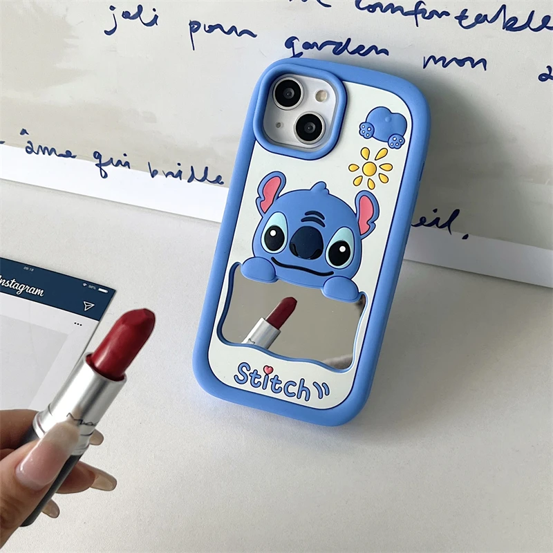 

For iPhone 16 promax 15 14 Plus 13 12 Pro Max 11 3D Stitch Phone Case With Makeup Mirror Cartoon Soft Silicone Cover