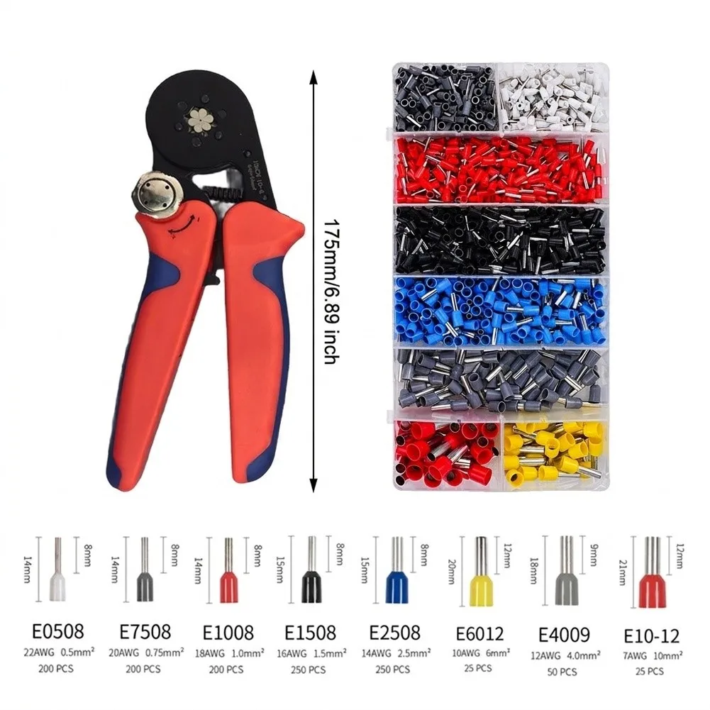 Compact HSC9-10-6 Crimping Tool Kit 175mm with 1200 Tinned Brass Ferrules AWG 24 7 0.08 10mm2 for Home Electronics