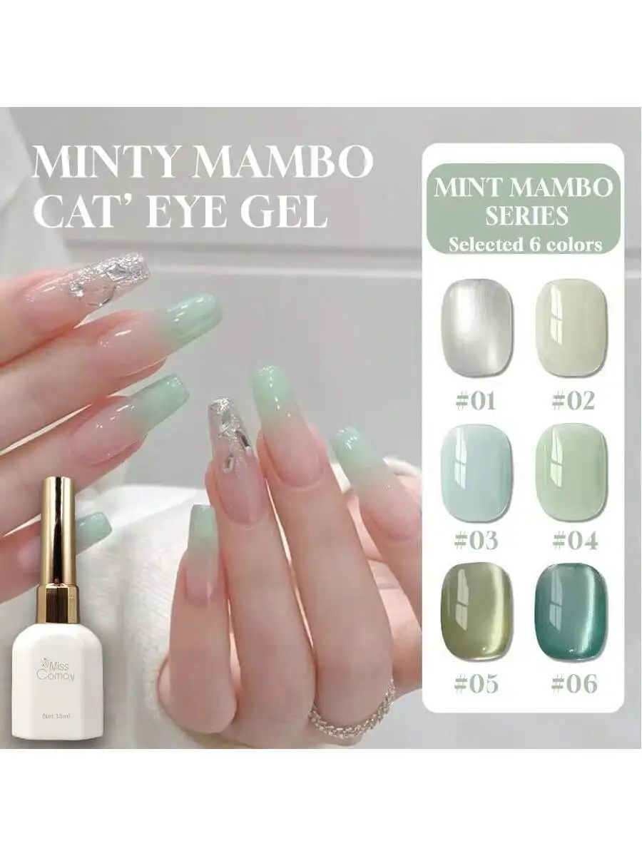 1 esmalte de uñas Miss Comoy 15ML Mint Mambo. Gel de ojo de gato flash con cuentas verdes de cardamomo vegano.