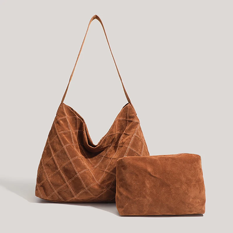 

Velvet Plaid Thread Tote Bag women Versatile Single Shoulder Autumn Winter Large Capacity Commuter Composite Bag Retro Fashion