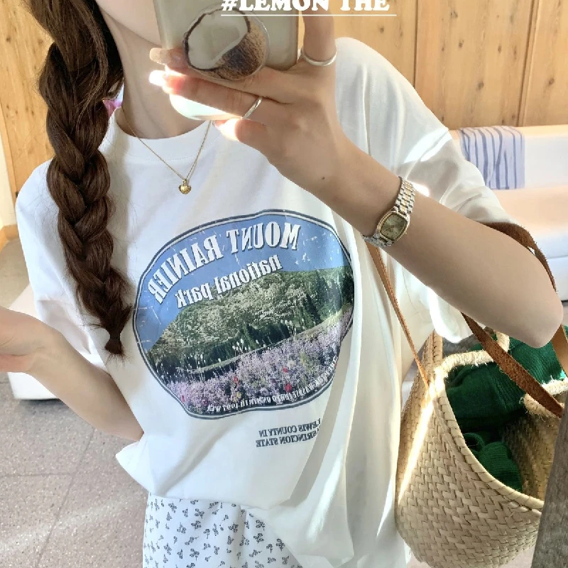 Summer Casual Loose ort Sve round Ne T-irt Versatile Comfortable Lazy Sle Top Women's Faion Polyester Fabric