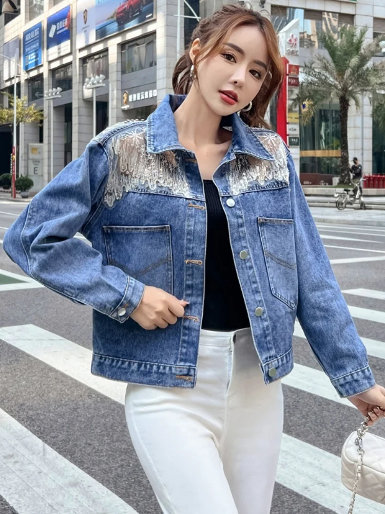 

Женская джинсовая куртка, весна-осень, новинка, корейская свободная мода, универсальный топ с тяжелой строчкой и застежкой на пуговицы, длинный свек