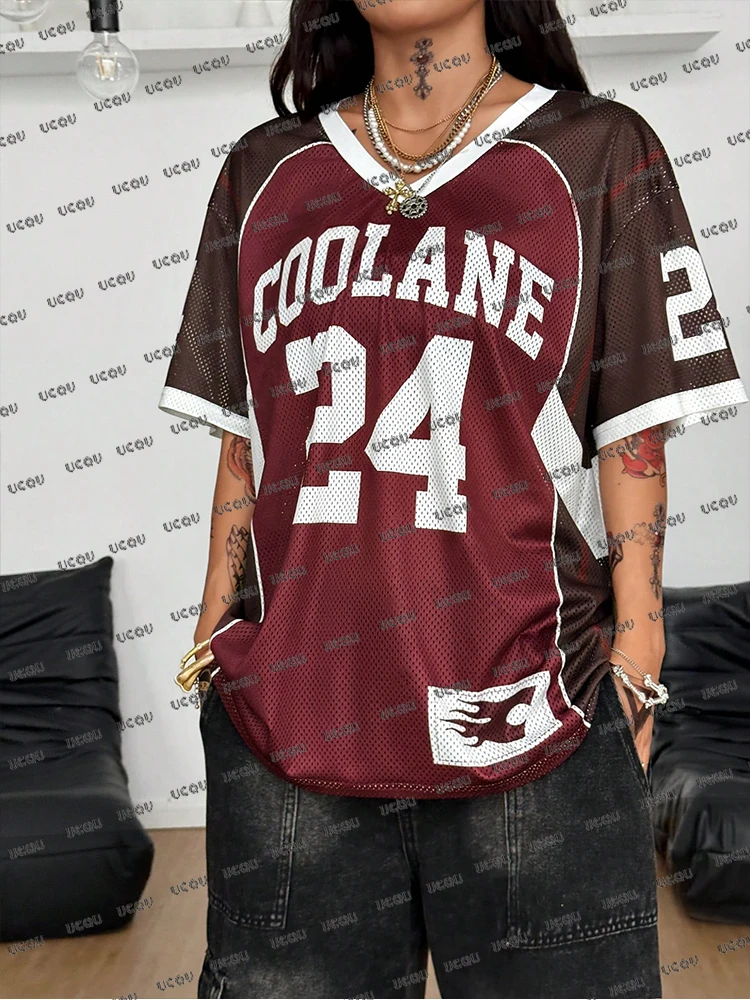 صيف جديد ريترو رقم 24 تي شيرت مطبوع للنساء عادية الخامس الرقبة قصيرة الأكمام قمصان كرة القدم الرياضية Y2K فضفاض المتضخم القمم #3