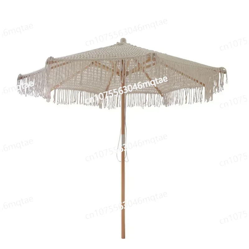 Bohemia Cotton Rope Parasols 2.5M Wooden Pole Handmade Tassels Woven Canopy Beach Umbrella with Macrame Fringe