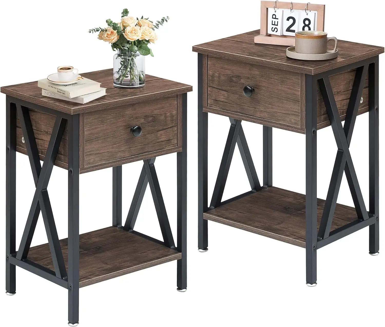 

Set of 2 Nightstands, Modern Bedside Tables with Drawer & Shelf, Industrial Metal Frame
