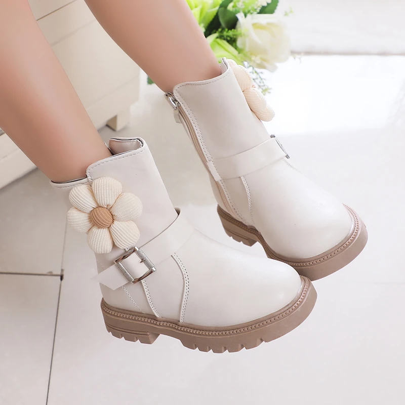 Sweet Princess Boots Flowers Cute Buckle Fashion Kids Shoes Side Zipper Children Casual Shoes PU 2023 New Brown Beige Elegant