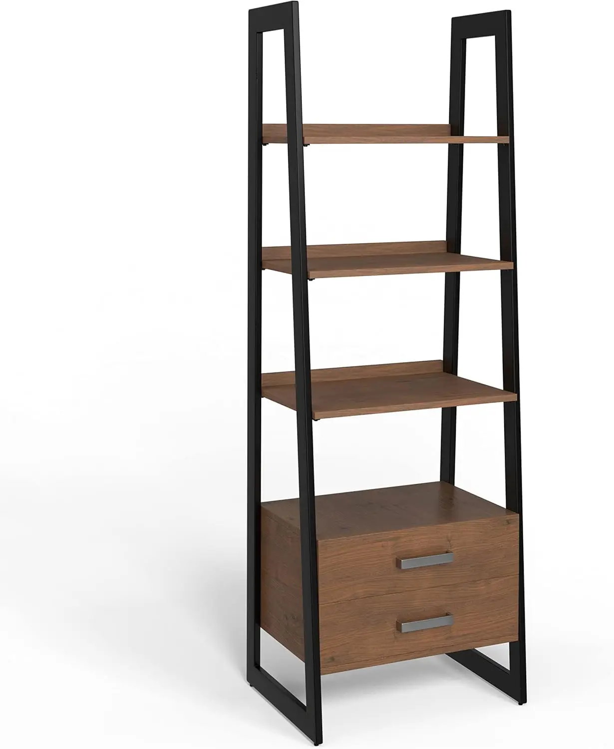 24 Inch Rectangle Modern Industrial Real SOLID WALNUT WOOD Ladder Shelf with Storage in Walnut, For the Living Room