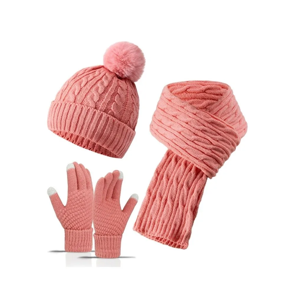 3Pcs/Set Warm Winter Hat Scarf Gloves Set Thicken Soft Scarf Neck Warmer Suit Elastic Windproof Touchscreen Gloves for Men Women