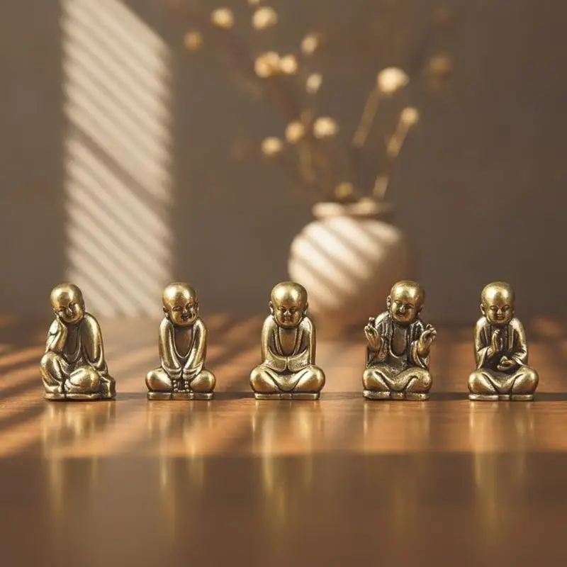 1PCS Pure Brass Zen Monk Statues 5 Zen Poses Tea Pet Vintage Figurines For Desk, Tea Table & Mindful Space Collectible Gift