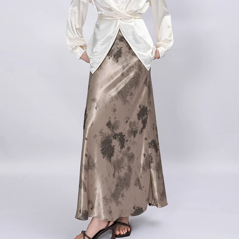 Retro Jacquard Acetate Satin Fishtail Skirt for Women's High-Waisted Slimming Skirt Midi Skirts Korean Printed Flower Skirts