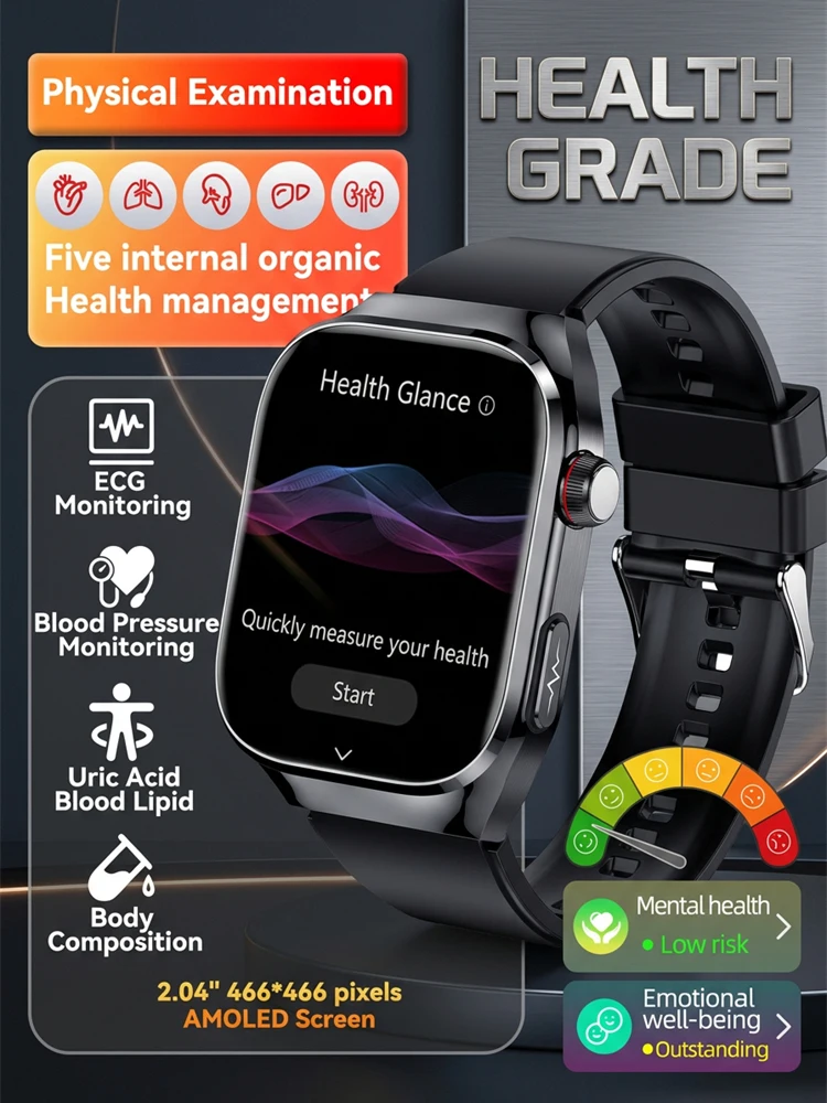 Neue Gesundheits-Smartwatch für Männer, 2,04 Zoll AMOLED, Harnsäure, Blutfette, EKG+PPG, Blutdruck, Herzfrequenz, Bluetooth-Anruf, Uhr, IP68 wasserdicht, Sport-Smartwatches für Android und iOS