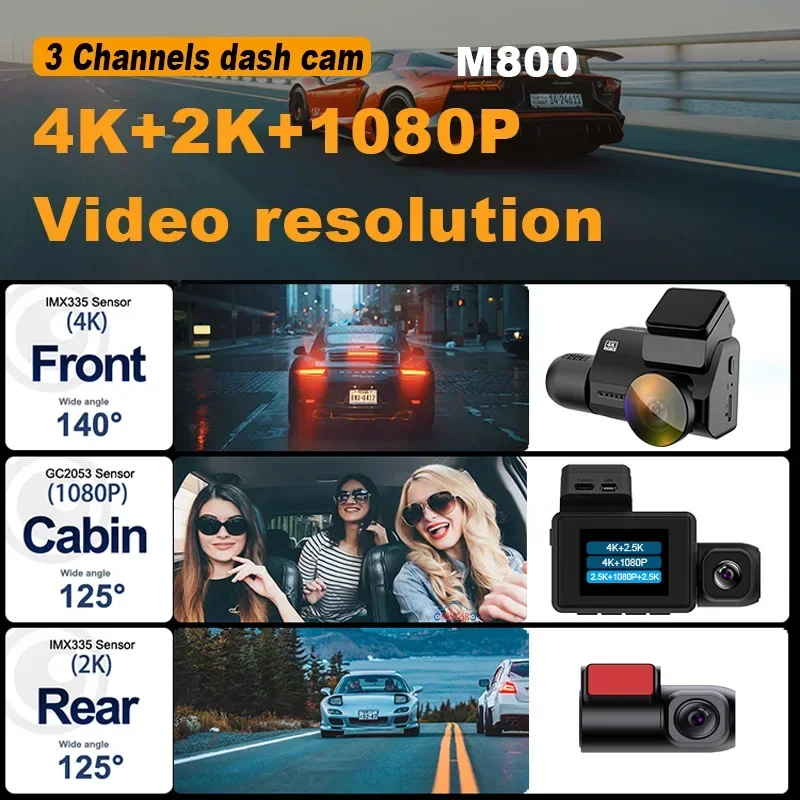 3 Channel Dash Cam 4K Video Recorder 2K Three Lens Wifi GPS Car Camera with Rear View DVR 24H Parking Monitor Dashcam Camcorder