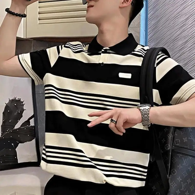 

Summer New Men's Fashion Trendy Loose Young Style Contrast Color Button Turn-down Collar Short Sleeve Striped T-shirt Tops