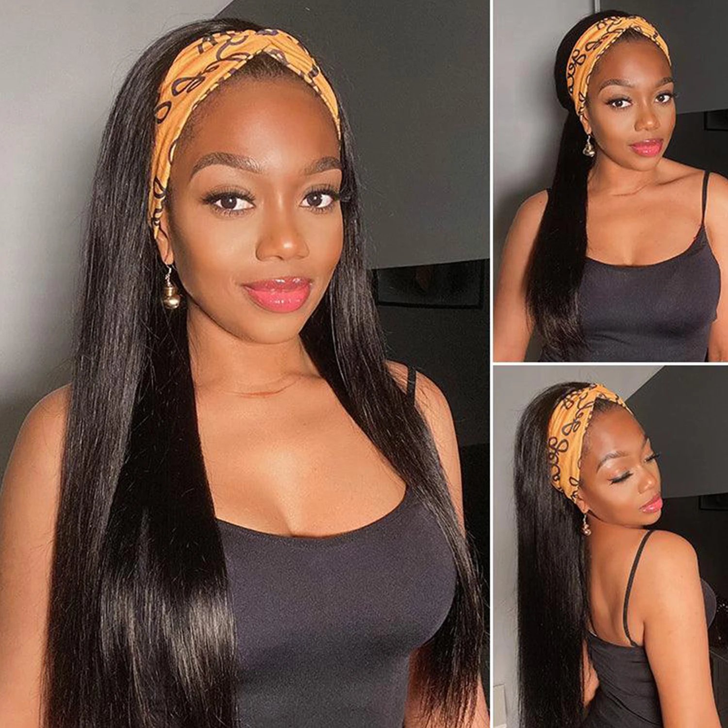 

24-дюймовый прямой парик с повязкой на голову из натуральных бразильских волос, полностью машинной работы, для женщин, 180% плотность, без пришивания, в наличии, распродажа