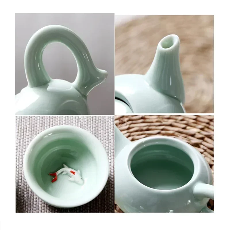 Longquan Celadon Fish Tea Set Ceramic Teapot Kettle Ceramic Tea Cup Fish Chinese Handmade Travel Tea Set Wine Set
