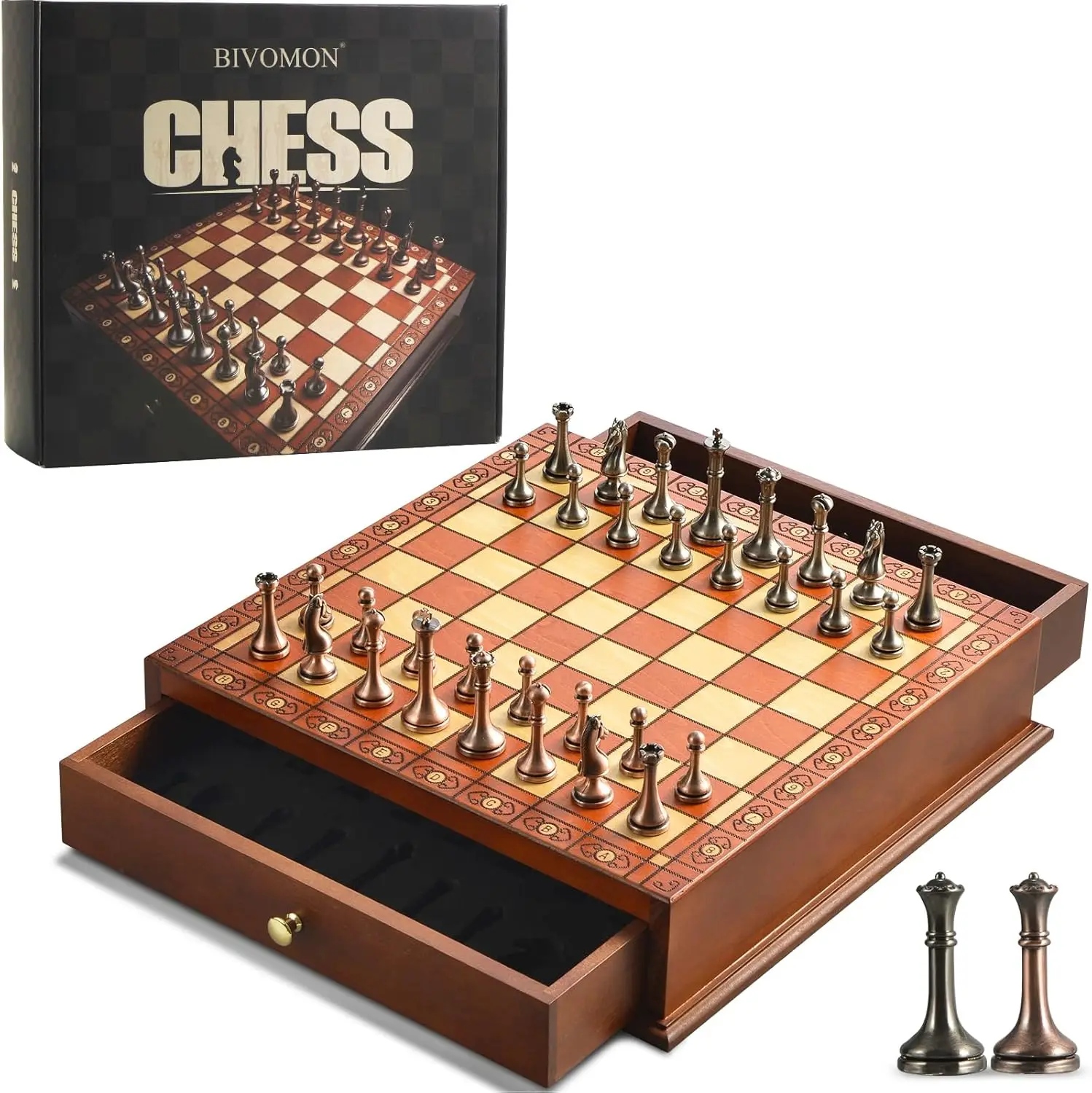

European Retro Wooden Chess Set with Metal Pieces, Desktop Design, Built-in Storage – Perfect for Beginners & Pros