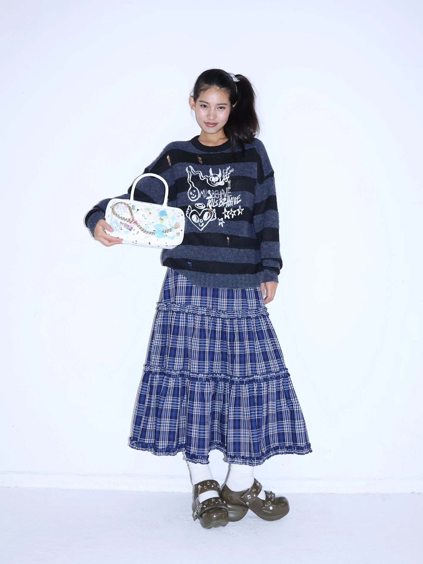 

MOFIScrColour ey Bla Striped Hole Printed round Ne Sweater Trendy Brand Top for Girls Loose Fit Long Sve