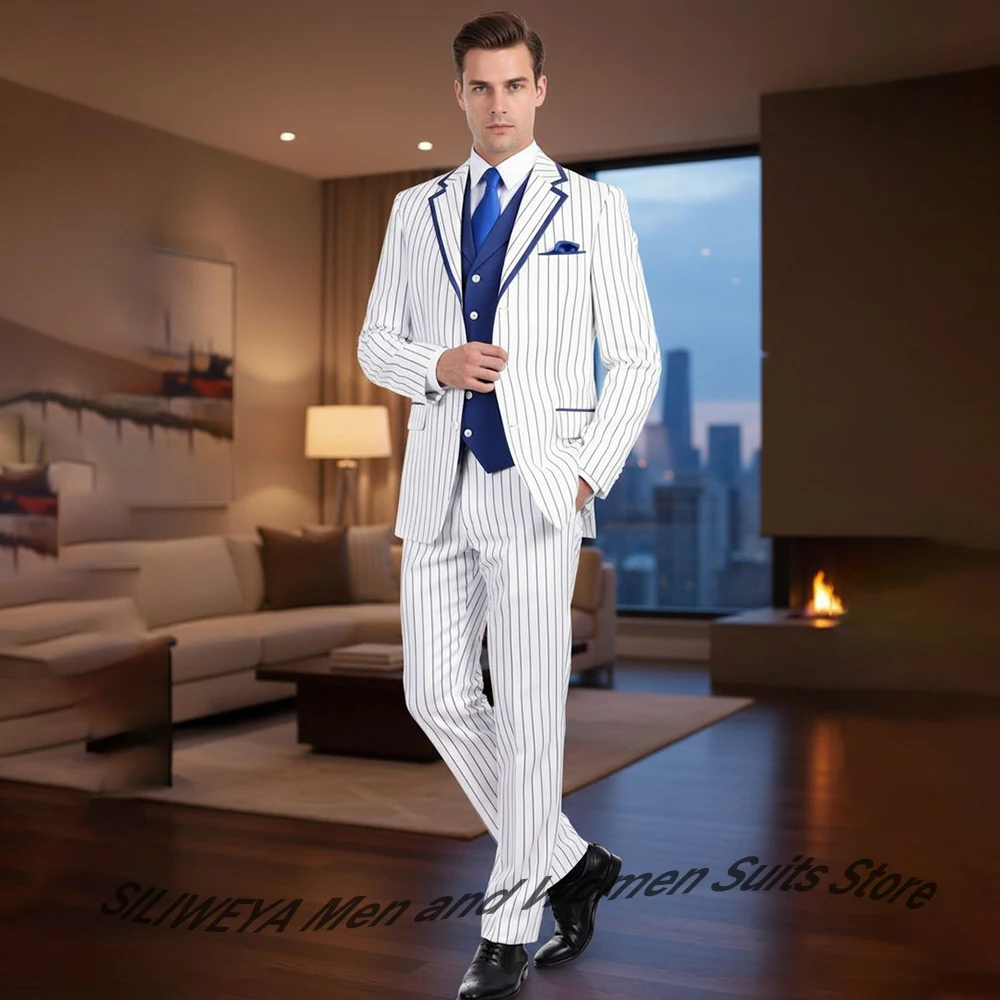 

Elegant Men's White Striped 3-Piece Suit Single-Breasted (Jacket+Vest+Pants) Set Slim-Fit Blazer for Formal Wedding Gala Outfit