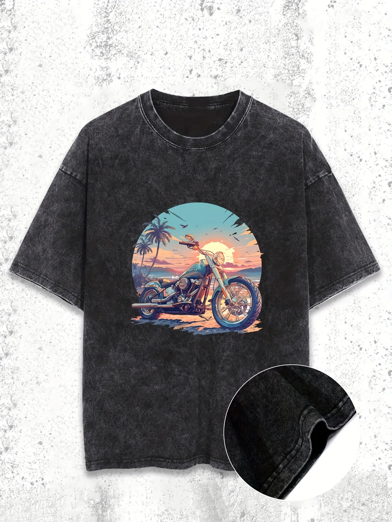 

Мужская повседневная футболка с рисунком — 100% хлопок, с коротким рукавом, креативный мотоциклетный пляжный принт, свободный крой, круглый вырез, машинная стирка