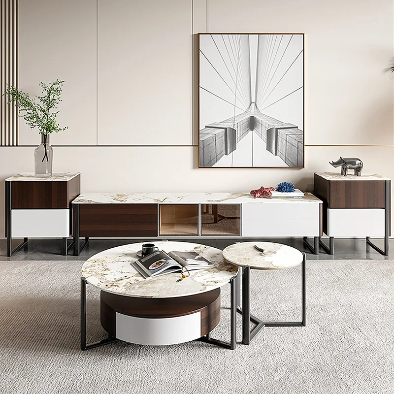 

Rock slab coffee table TV cabinet combination set living room modern Italian minimalist round new drawer coffee table floor cabi