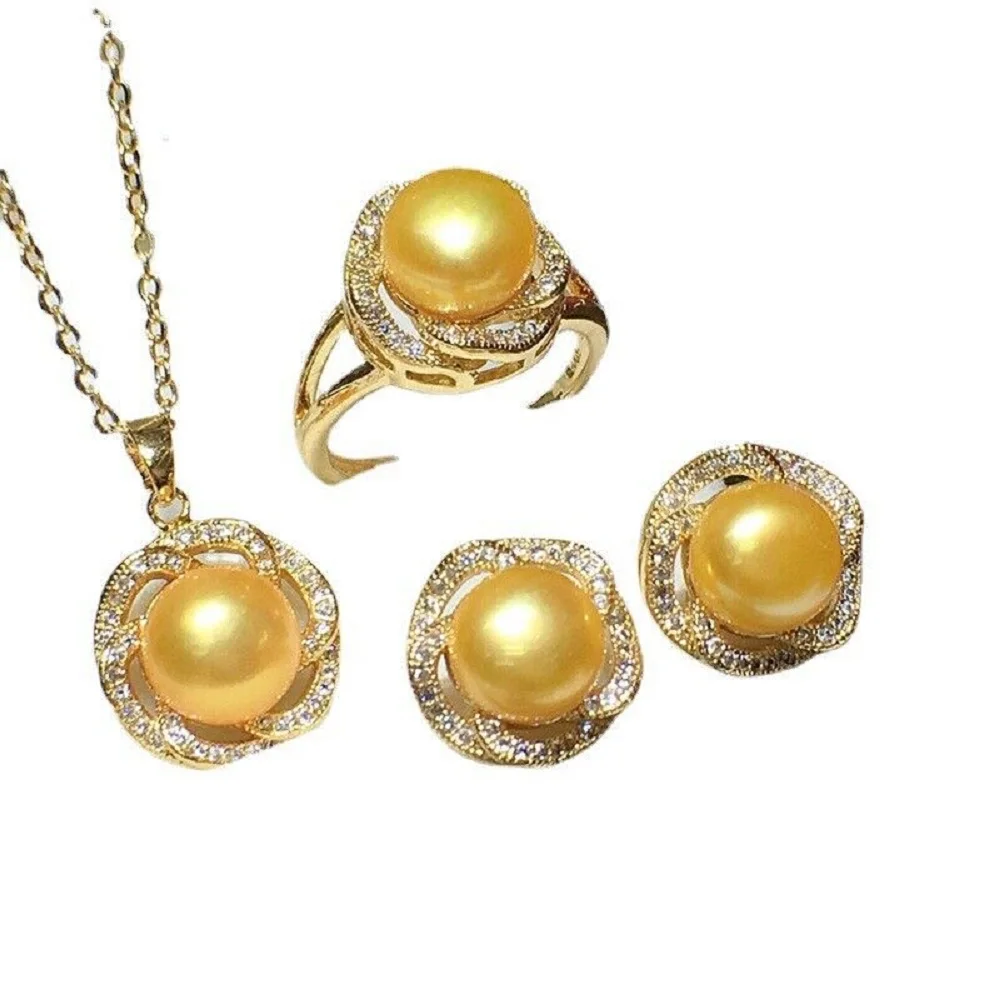 

Gorgeous AAAA 8-9mm South Sea Gold Rivet Pearl Pendant Earrings and Ring Set 925s