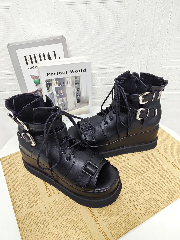 2025 New Product Loiita Punk Open Toed Belt Buckle Strap Sponge Cake Double Layered Thick Soled Shoes Retro Girl Single Boots