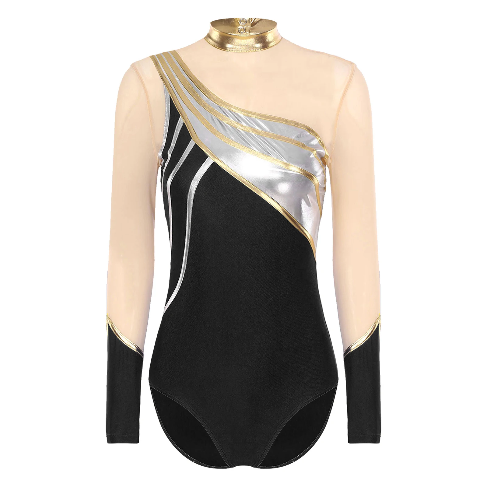 Women Ballet Dance Leotard Long Sleeve Mesh Patchwork Bodysuit for Figure Skating Rhythmic Gymnastics Acrobatics Performance