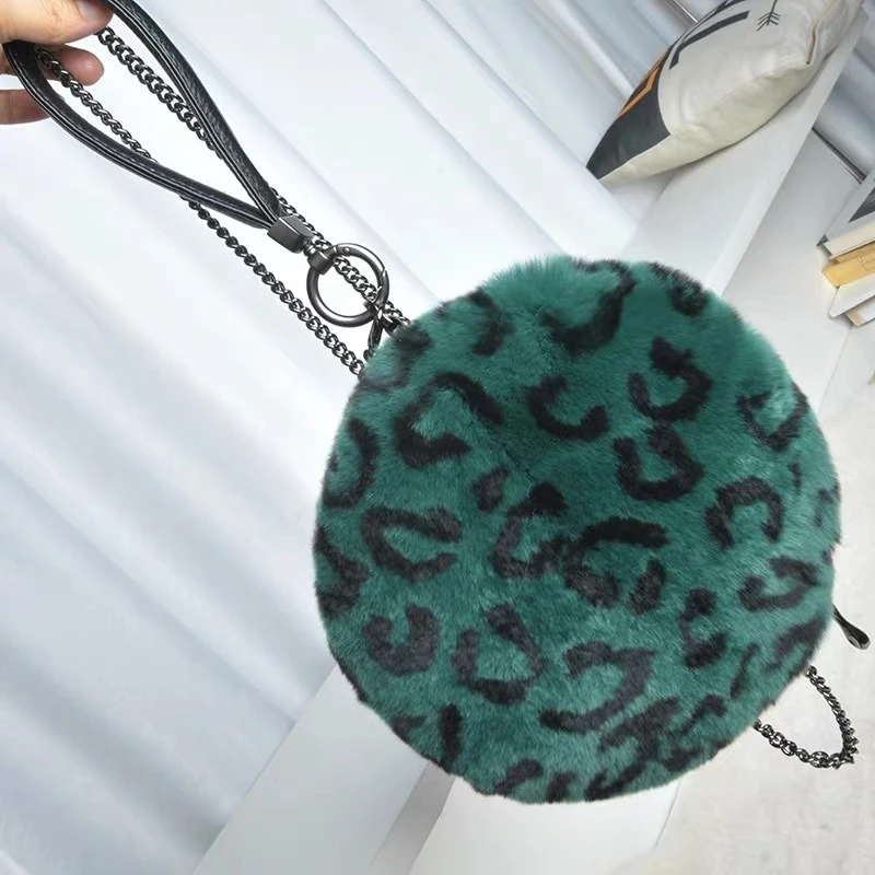 Women's Winter Fashion Fur Crossbody Bag Luxury Rex Rabbit Fur Leopard Print Shoulder Bag Elegant Women's Fur Round Small Bag