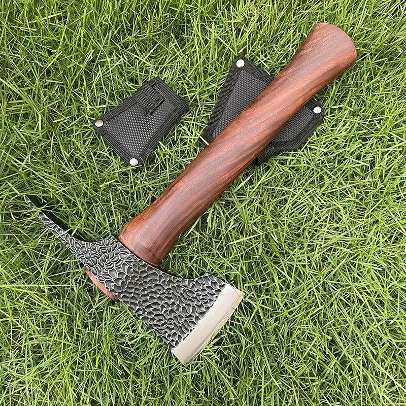 New Outdoor Forging Hammer Pattern Sandalwood Handle Camping Multifunctional Cutting Axe Self Defense and Survival Tool