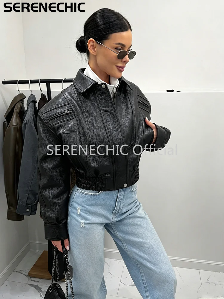 SERENECHIC Textured PU Aviator Coat with Elastic Hem Women's Black Cropped Faux Leather Jacket New Vintage Outerwear Female