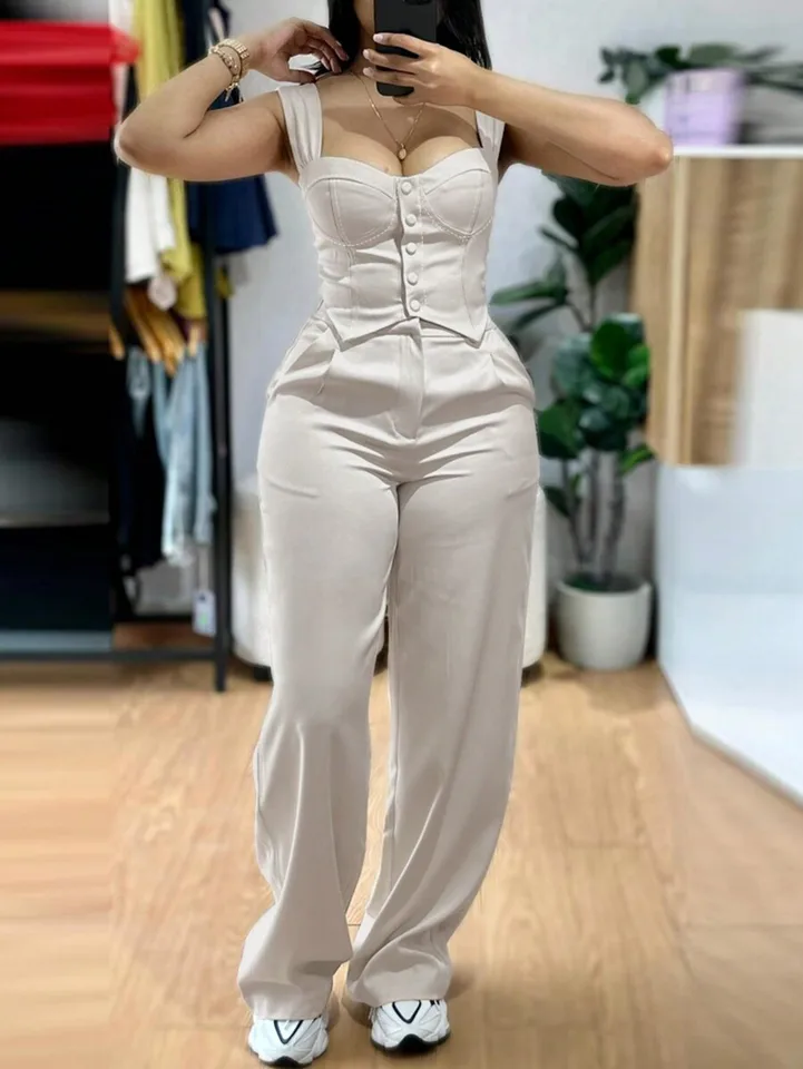 Thick Strap Button Front Slim Fit Tank Top Pants Set