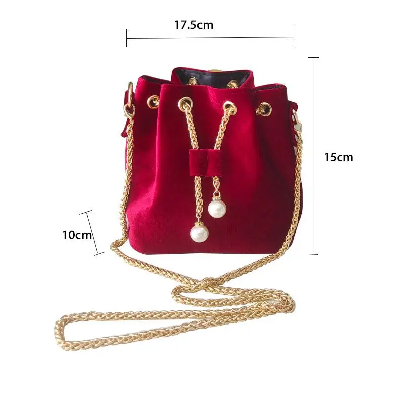 2022 Vintage Sweet Wine Red Velvet Womens Crossbody Gold Metal Chain Drawstring Bucket Bag Banquet Party Small Clutches Handbags