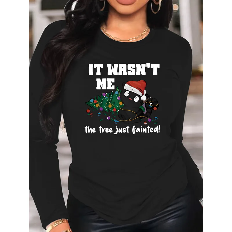 2026 Women's Long Sleeve T-Shirt It Wasn't Me The Tree Just Fainted Funny Christmas Cat Graphic Crew Neck Slim Fit Fall Tops
