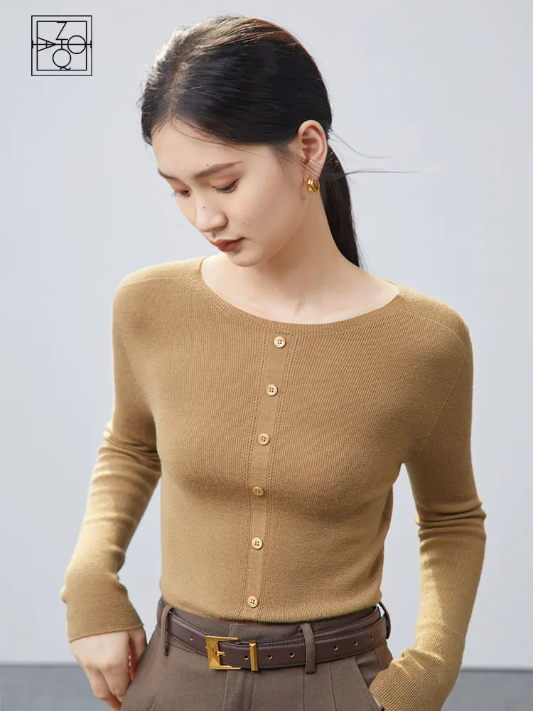 

ZIQIAO 100% Wool Knitted Base Pullover Black Blue Full Sleeve Women Tops Casual O-Neck Thick Office Lady Women Pullovers