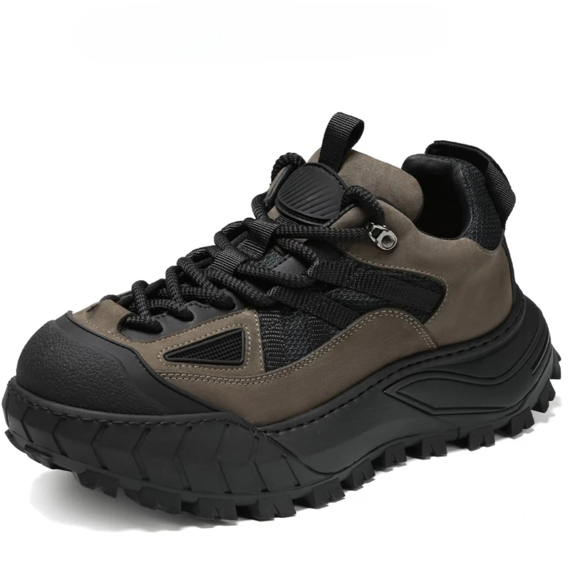 Horsehide Splicing High-end Fabric Breathable Men's Thick Sole Height Increasing Daddy Shoes Outdoor Fashion Sports Casual Shoes