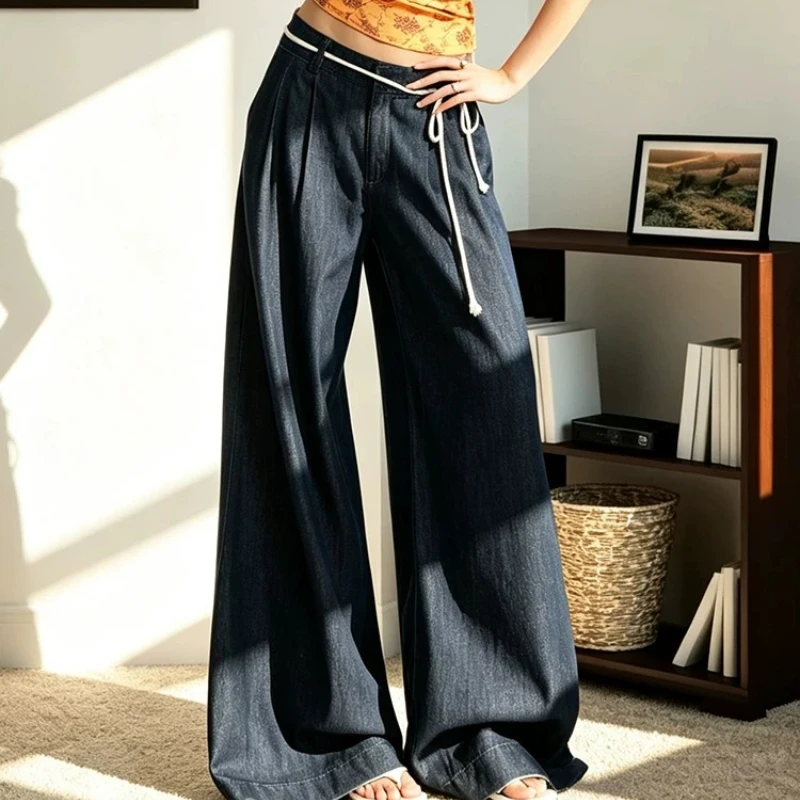 Vintage Style Wide Leg Jeans for Women Decorative Tie Belt Drape Loose Fit Floor‑Sweeping Big Pants Legs Streetwear Denim Pants