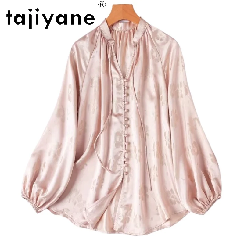 

TAJIYANE 100% Real Mulberry Silk Shirt Woman Elegant Jacquard Chinese-Style Blouse V-Neck Pink Shirts Fall Clothes Women 2026 셔츠