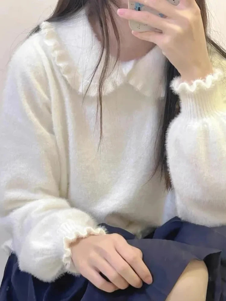Lolita Kawaii Sweater Women Sweet Ruffle Peter Pan Collar Imitation Mink Pullovers Japanese Vintage Long Sleeve Bottoming Tops