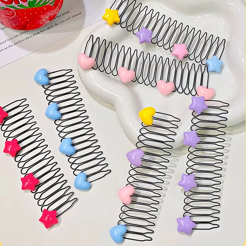 New Cute Colorful Heart Star Bow Pull-out Stretch Metal Hair Comb For Girls Broken Hair Finish Headband Fashion Hair Accessories