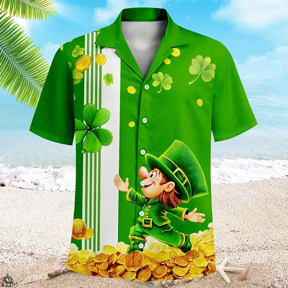 St.Patrick’s Day Mens Short Sleeve Shirt 3D Printed Men Clothing Summer Casual Green Lucky Clover Festival Unisex Clothes Tops