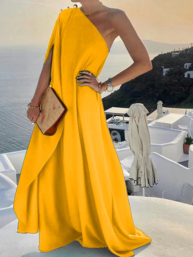 Women Sexy Off Shoulder Boho Long Dress Elegant One Shoulder Loose Party Dress 2022 Summer Fashion Button Solid Beach Maxi Dress