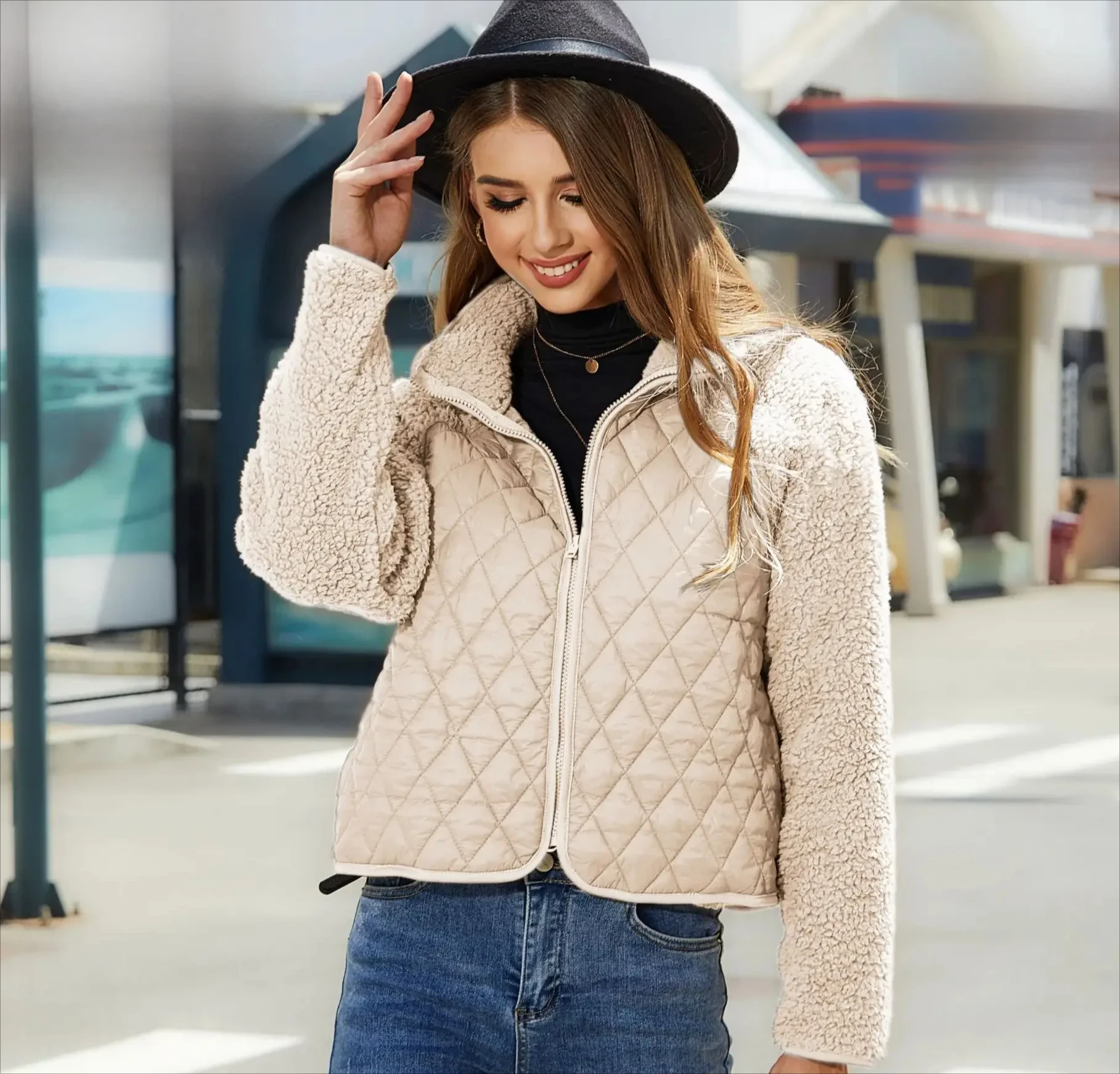 

Women's Patchwork Fleece Jacket Long Sleeve Zip Up Thick Wool Blend Coat Winter Warm Casual Streetwear Outerwear