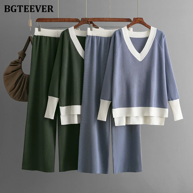 BGTEEVER Winter Women Sweater Set V-neck Patchwork Pullovers Tops & Wide Leg Pants Ladies Knitted Outfits