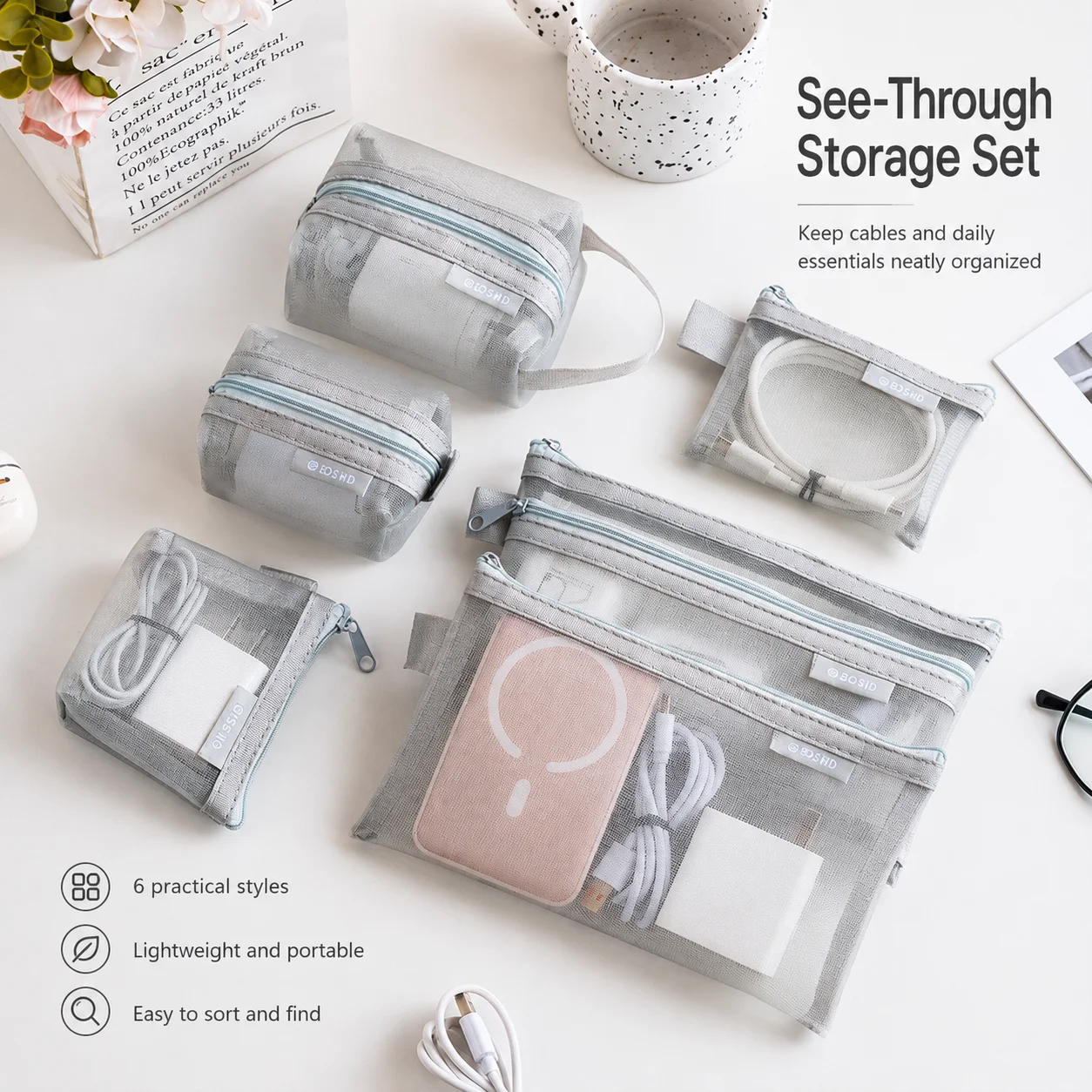 Travel Accessories Electronics - 1/6PCS Mesh Zipper Storage Bags Travel