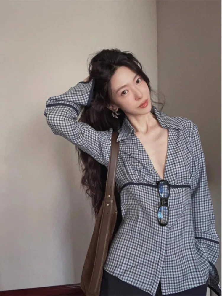 HOUZHOU Vintage Elegant Coquette Blouses Women Korean Style Office Siren Sexy Striped Patchwork V-neck Shirts Ladies Autumn 2024