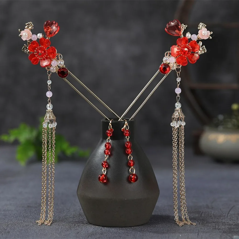 Jewelry Flower Bridal Headwear Alloy Plastic Wedding Hair Sticks Dangling Ornament Chinese Style Earrings Hairpin Set Hanfu