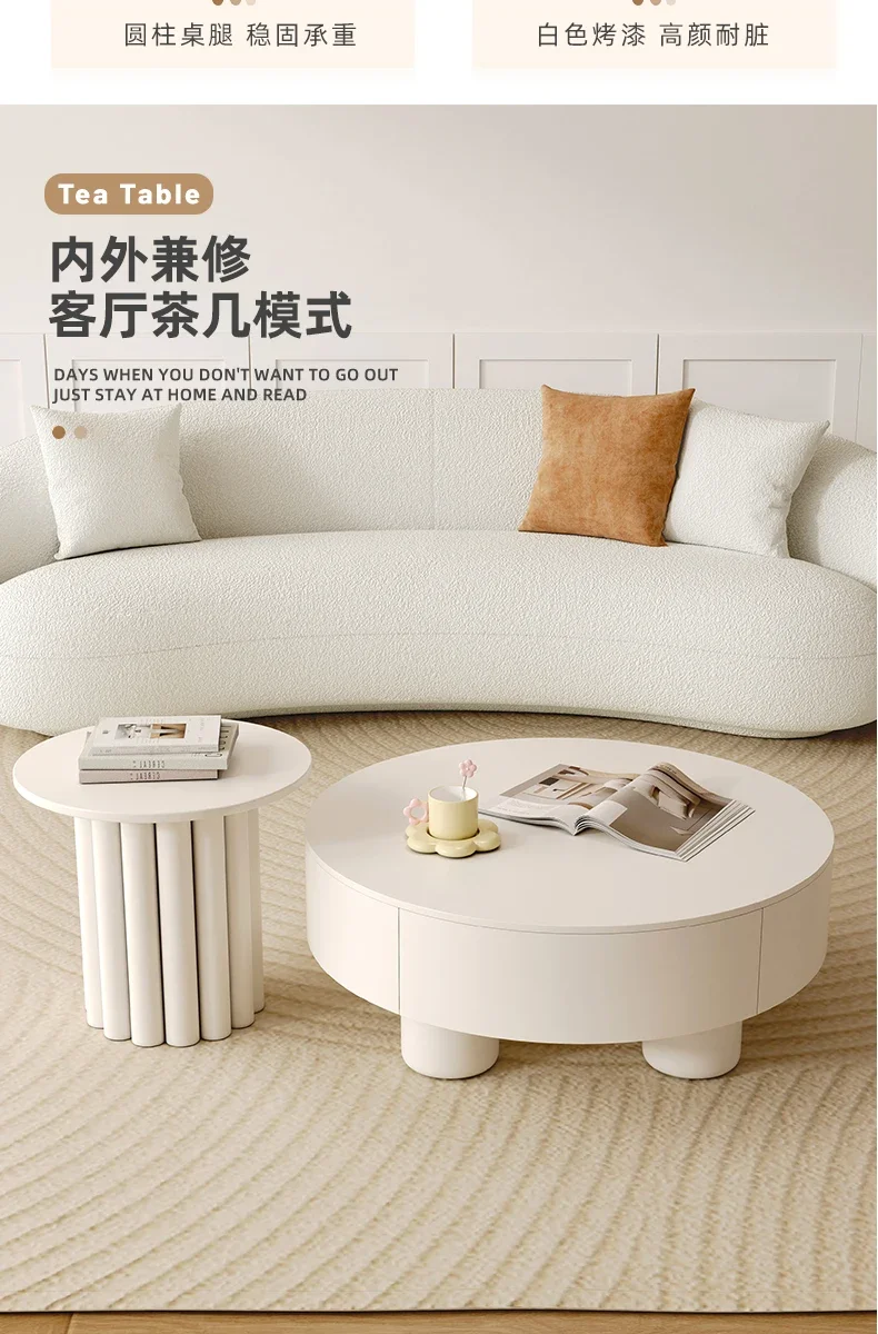 طاولة قهوة على الطراز الفرنسي الكريمي، غرفة معيشة بسيطة وحديثة، طاولة قهوة مستديرة من بلاطة الصخور #4