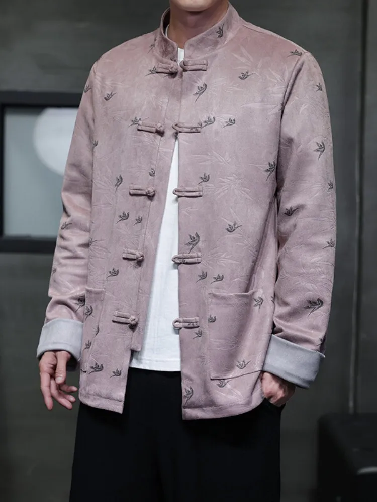 

Men's Suede Jaet Spring Autumn Retro Print Tang Costume New Chinese Sle Stand Collar Top Improved Hanfu Trendy Long Sve