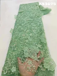 High Quality African Green 3D Flower Beaded Tulle Lace Fabric 2024 Nigerian Sequence Embroidered Lace For Wedding Dresses KB3675